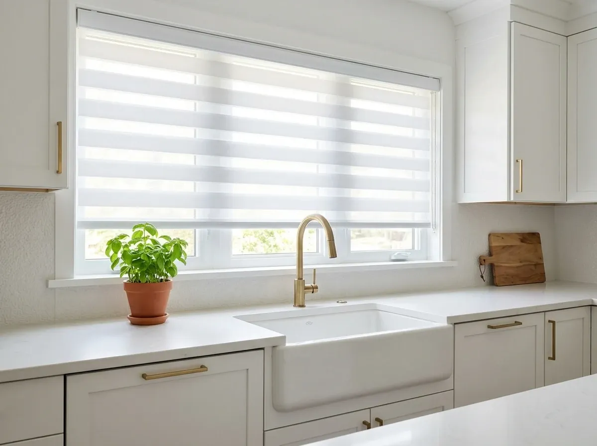 Bright white kitchen with white zebra shades partly lowered over a wide window above a farmhouse sink with a brass tap and a basil plant on the counter