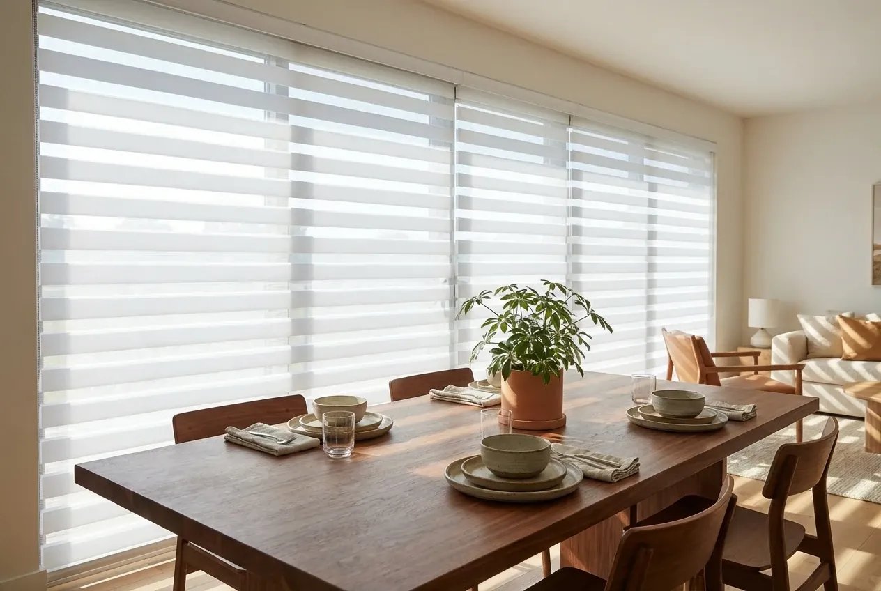 Wood dining table set for a meal in front of a wide window wall fitted with white zebra shades, a sunlit living room beyond