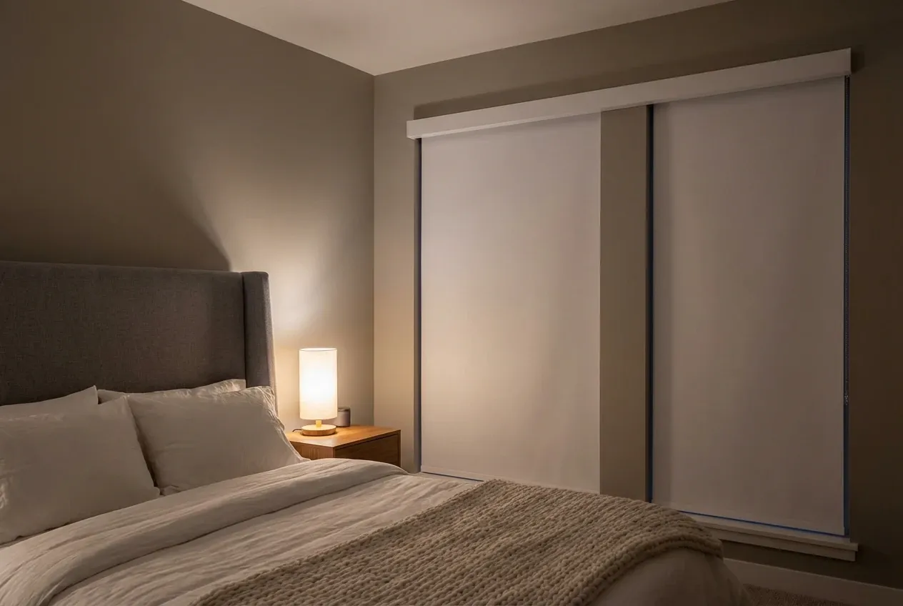 Dim bedroom at night with two white blackout roller shades fully lowered, an upholstered bed, a knit throw and a glowing bedside lamp
