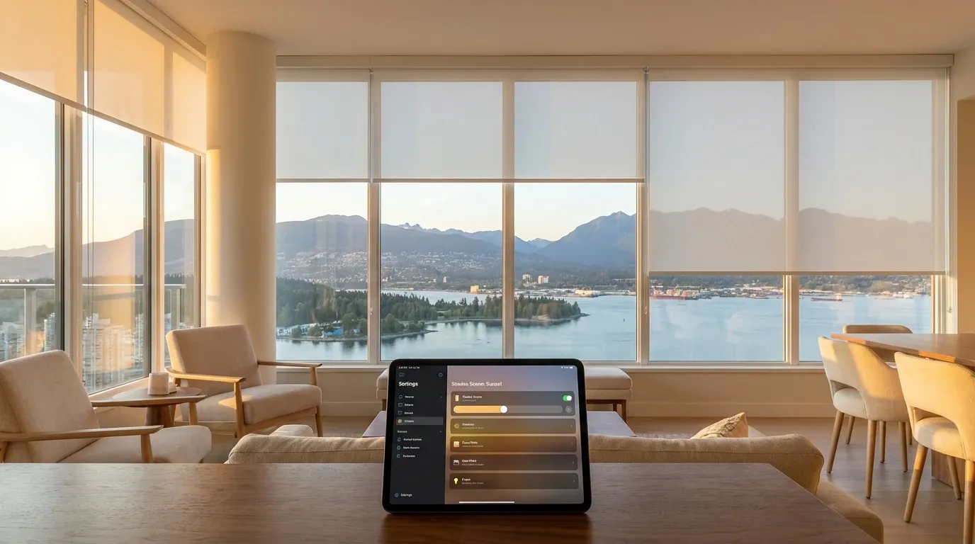 Motorized white solar roller shades across a Coal Harbour high-rise window wall at golden hour, a tablet on the table showing a shade-scene app, with the harbour, park, and mountains beyond