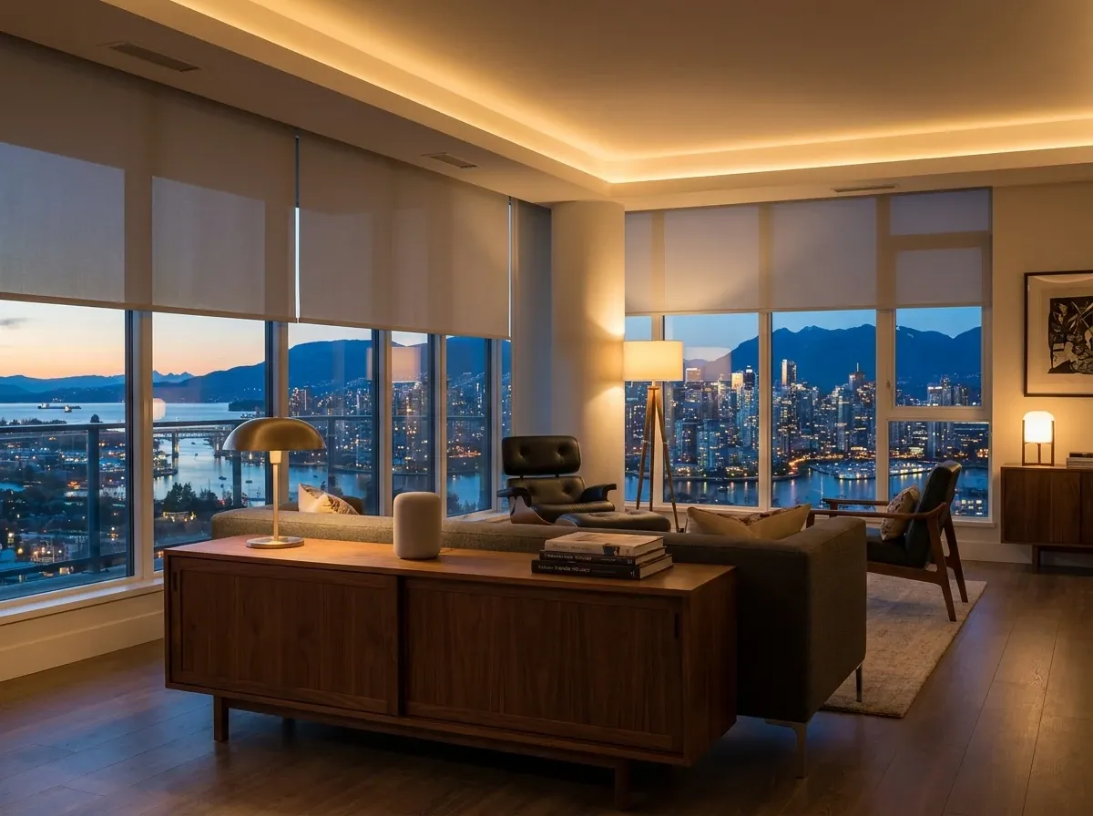 Motorized Roller Shades — white in a living room at dusk, shades lowering, smart speaker, Vancouver condo