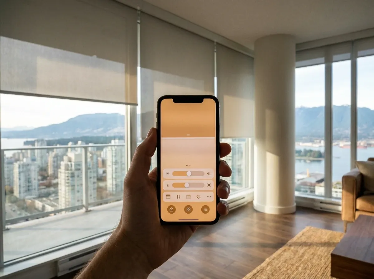 Motorized Roller Shades — white in a hand with phone app, shades adjusting behind, Vancouver condo
