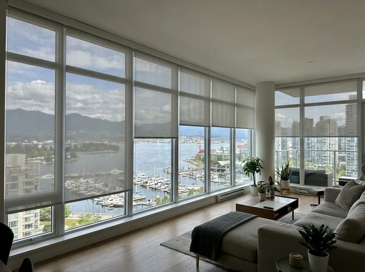 Motorized solar roller shades — white in a high-rise window wall, harbour view, Coal Harbour high-rise