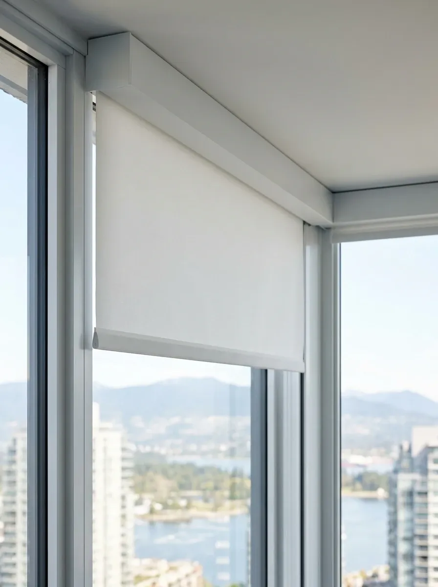 Motorized Roller Shades — white, cassette in a condo window, cassette close-up, Vancouver condo, high-rise