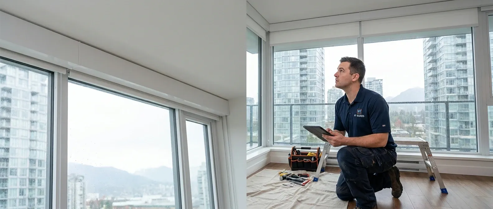 Motorized Roller Shades — white in an installer programming a shade, tablet in hand, Vancouver condo