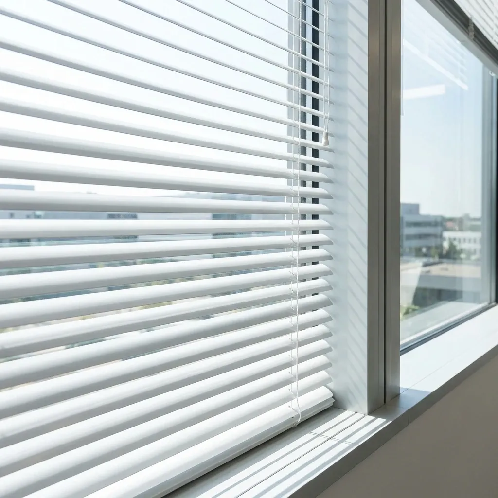 Aluminum & Metal Blinds — white 1-inch slats in a commercial office window