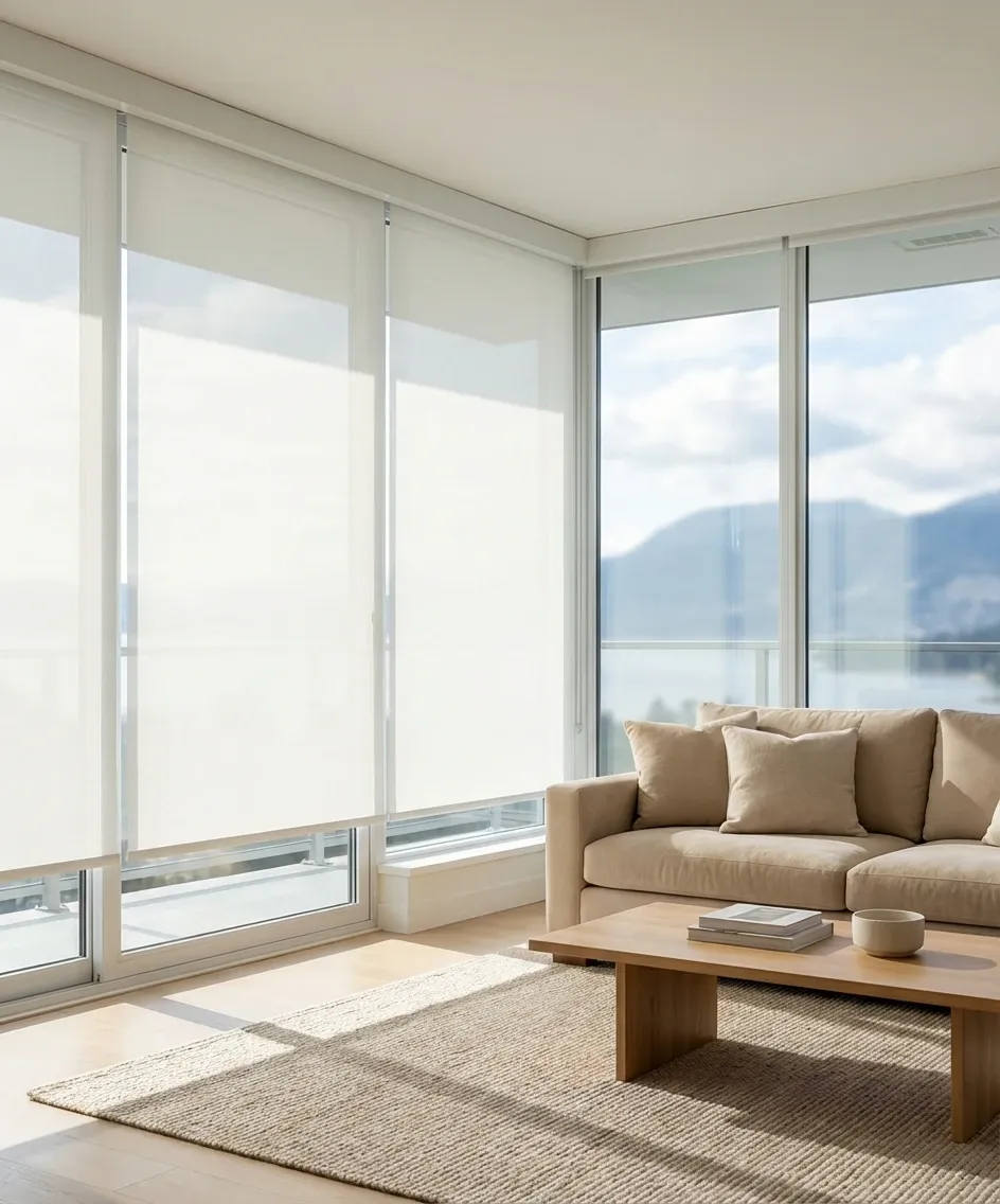 Wide living room with floor-to-ceiling roller shades filtering afternoon light over a Vancouver mountain and water view