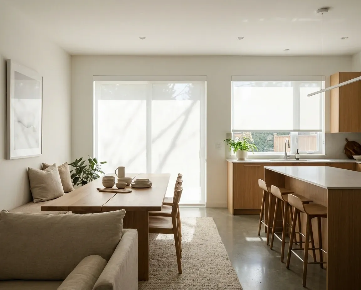 Home office with a solar roller shade managing glare on a desk and screen