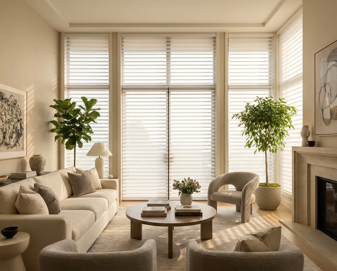 Living room with sheer horizontal shades on tall windows, the vanes open to cast a soft, luminous glow across neutral sofas, a fireplace, and potted plants