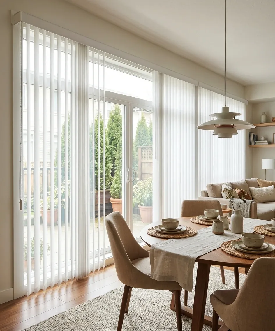 Dining area with vertical blinds across a wide window wall behind the table, the vanes tilted for soft light under a pendant, with a green garden view