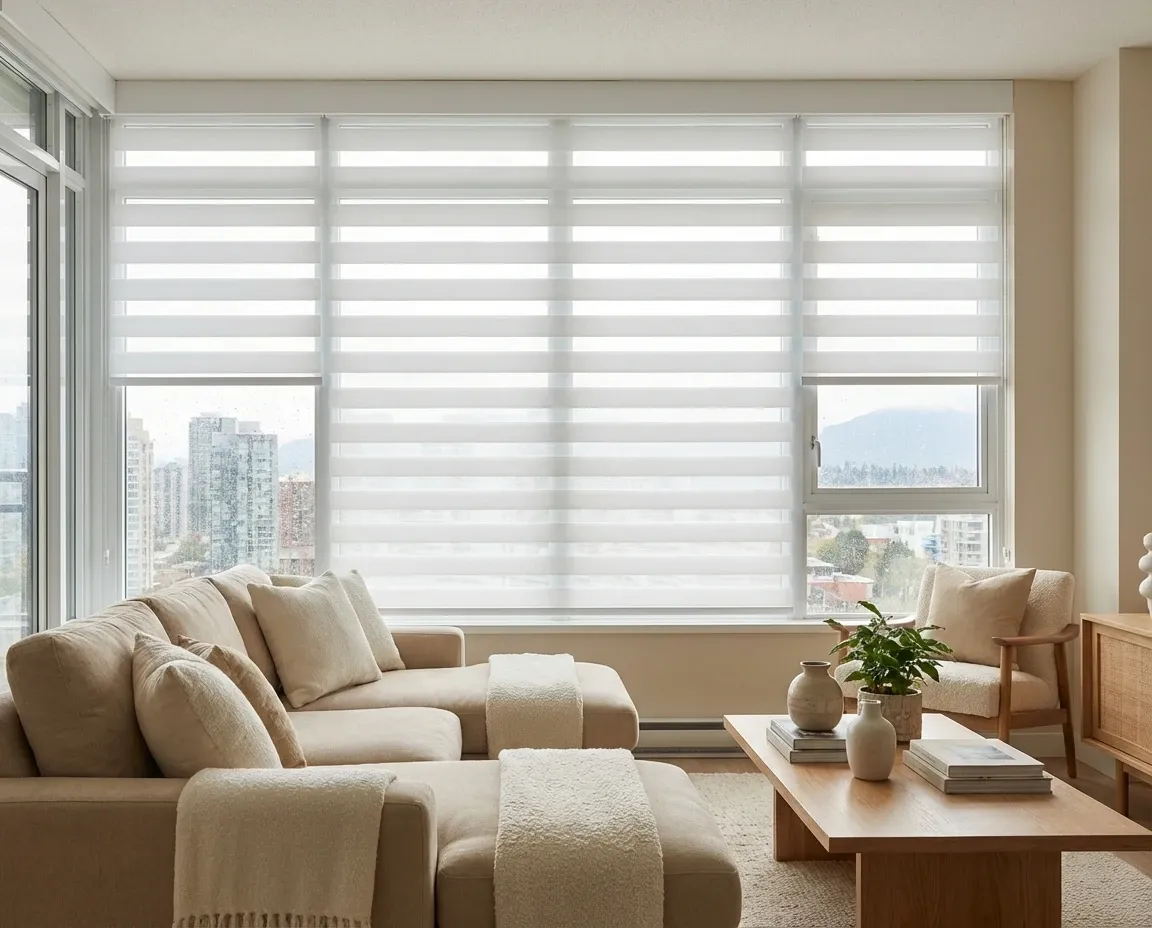 Condo living room with zebra shades across a wall of windows in the sheer position, a city-and-mountain view filtered through the bands above a neutral sectional