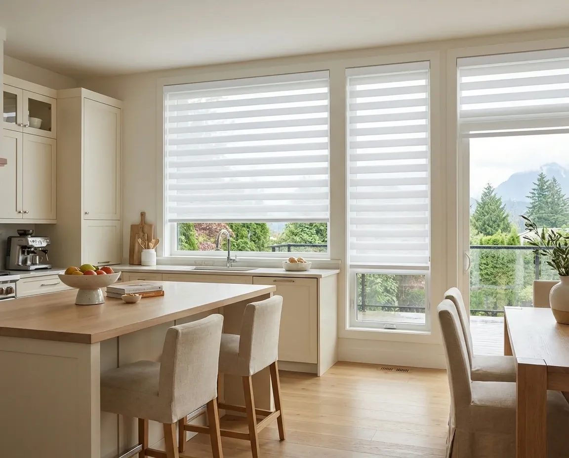 Open kitchen and dining area with zebra shades across several tall windows and a patio door, the bands aligned consistently with a green mountain view beyond